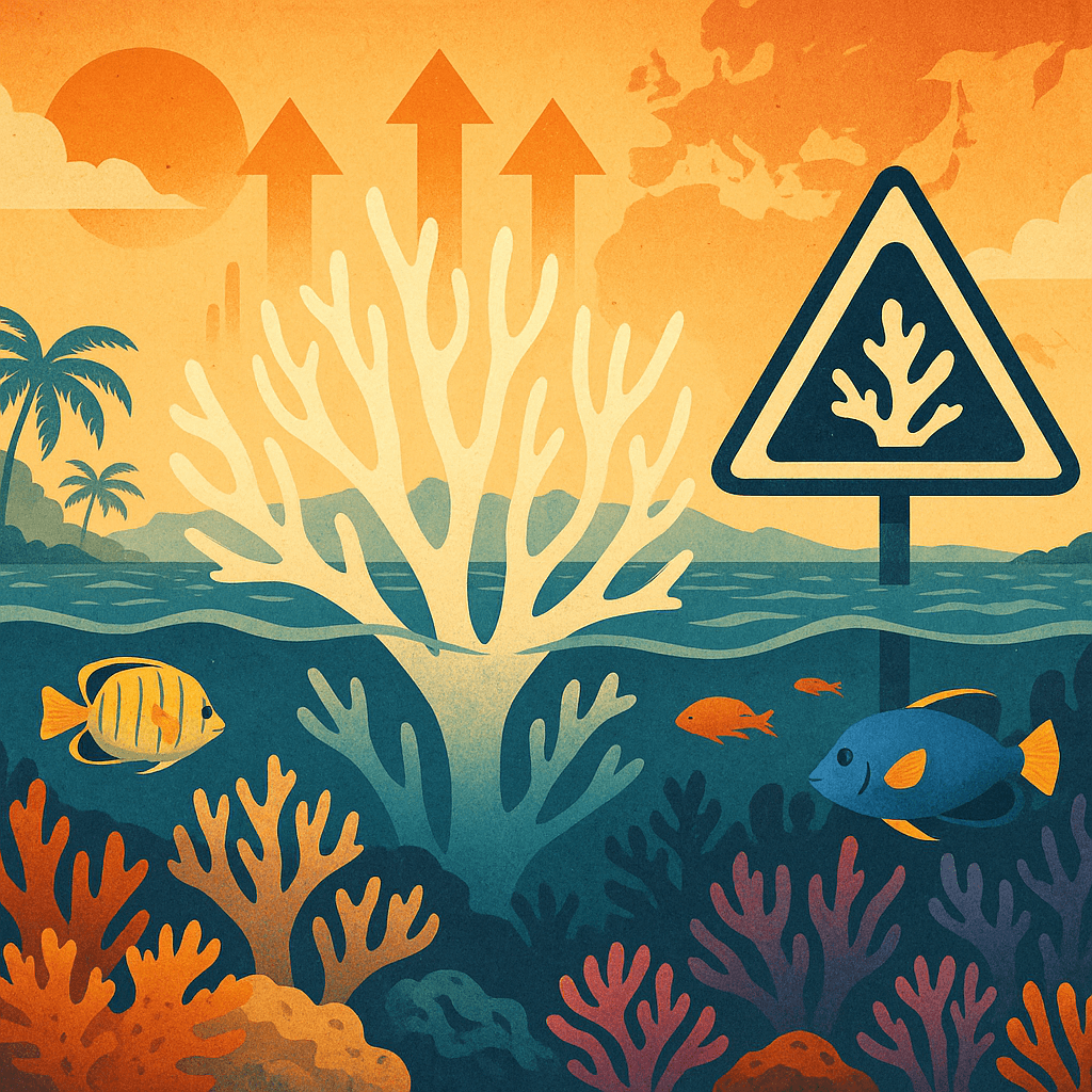 Illustration of coral bleaching showing a pale, ghostly coral surrounded by vibrant but threatened marine life, with arrows symbolizing rising ocean temperatures and a coral warning sign above the surface