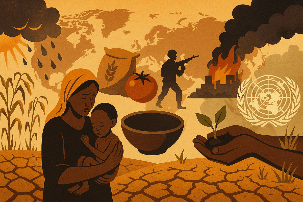 A creative landscape illustration of global food insecurity showing a starving child and mother, dry cracked earth, empty bowl, conflict imagery, and a hopeful hand planting a sprout with the UN symbol in the background.