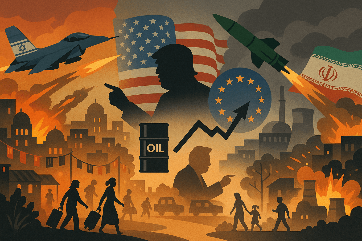 Illustration of Iran firing missiles toward Israel amid escalating conflict, with civilians evacuating, G7 leaders calling for dialogue, and oil prices surging