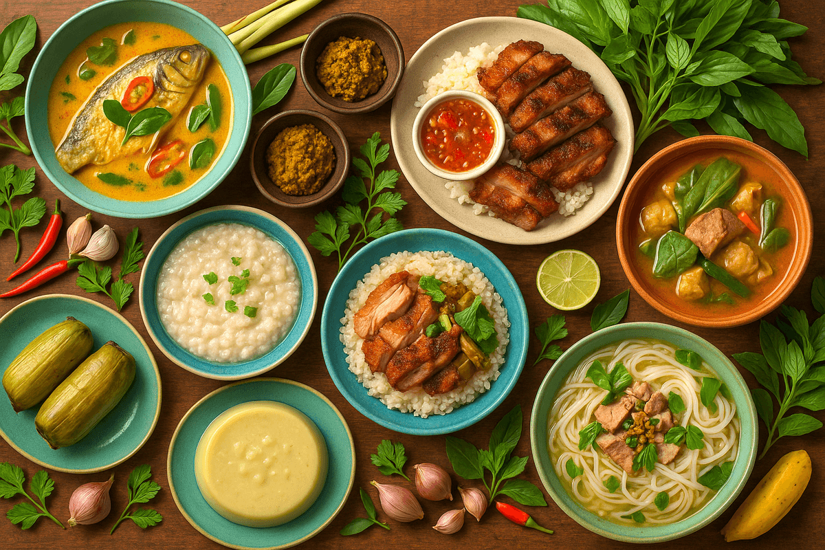Overhead view of assorted Khmer dishes including soups, grilled meats, rice porridge, noodle soup, desserts, herbs, and spices arranged on a rustic wooden table