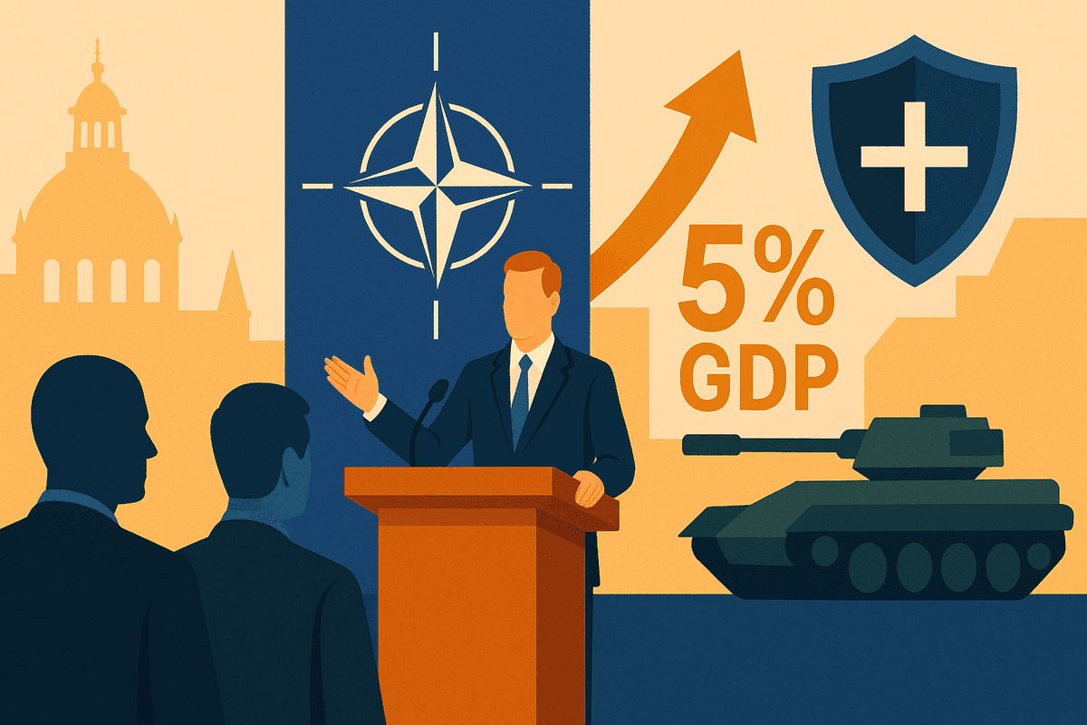 Illustration of NATO leaders at a summit in The Hague announcing increased defense spending to 5% of GDP, with a speaker, military symbols, and The Hague skyline in the background