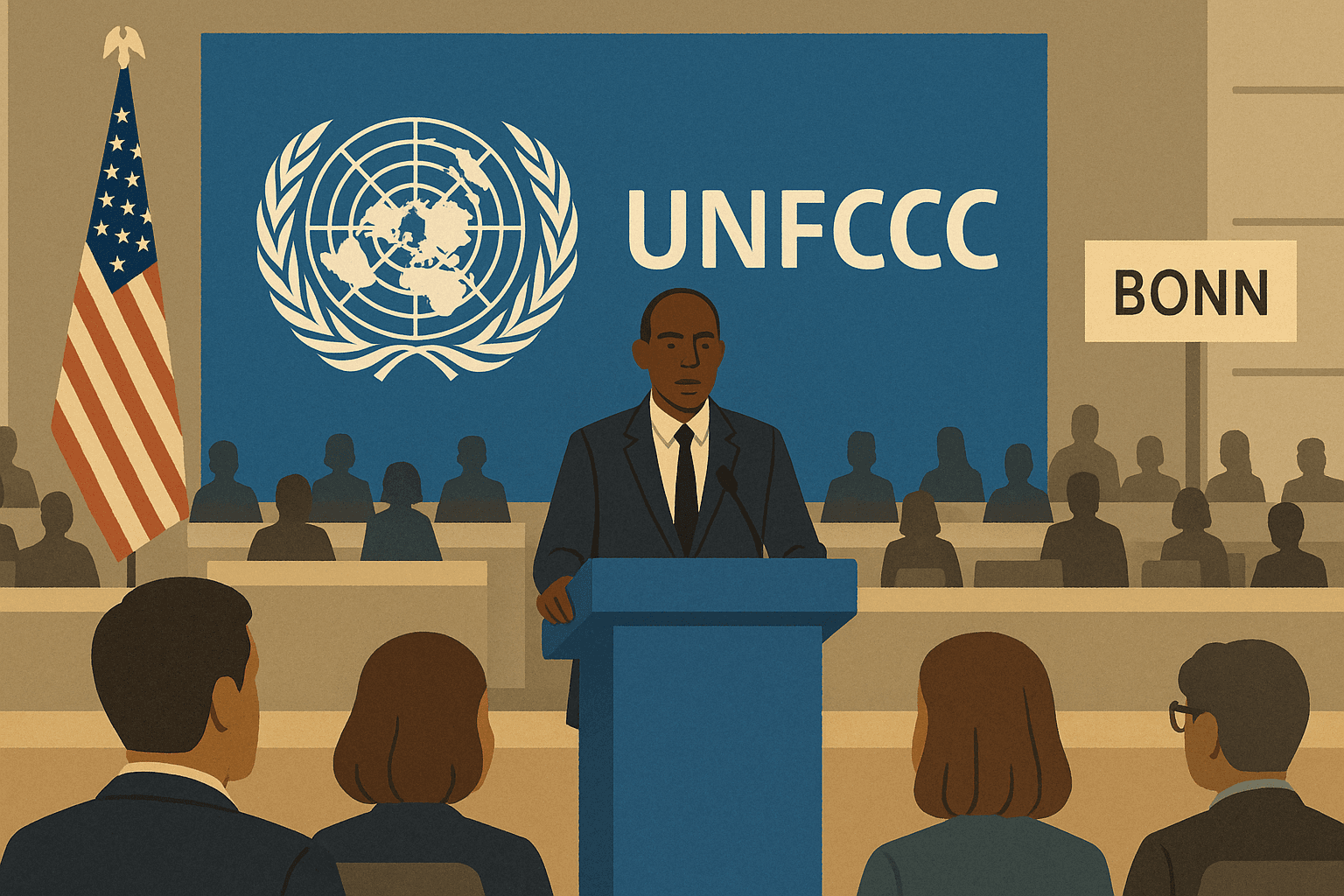 Illustration of a UN climate conference in Bonn, Germany, with a speaker addressing delegates in front of the UNFCCC backdrop and a visible absence of the U.S. delegation