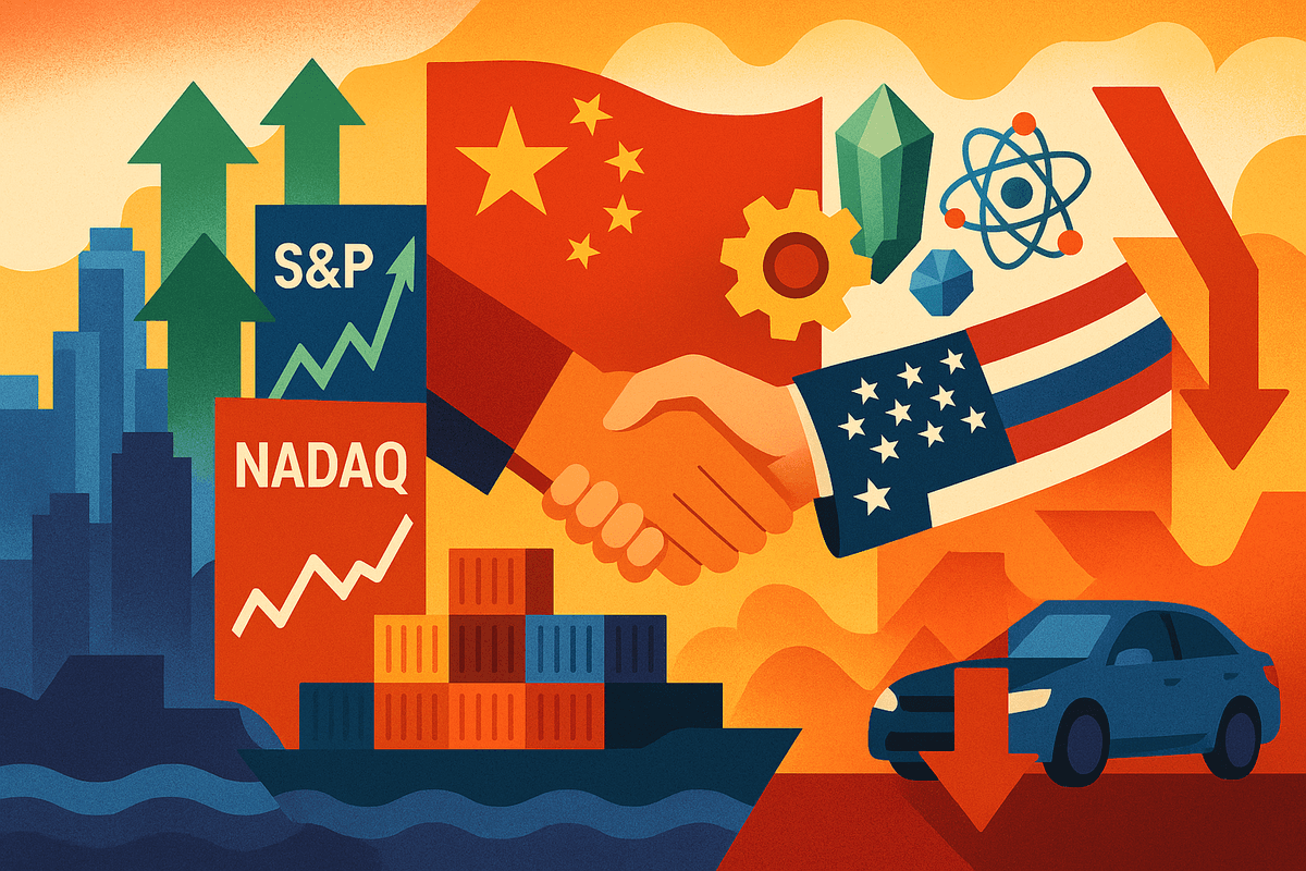 Illustration of U.S.–China trade agreement boosting global markets, with stock charts, rare-earth symbols, and contrasting UK export decline